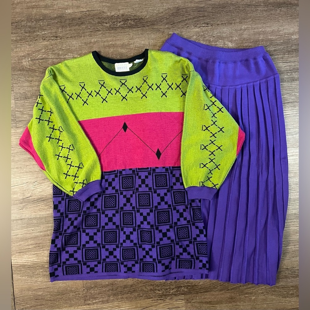 Leslie‎ Fay Vtg Sweater Skirt Suit Set Size Small Retro Cottagecore Business